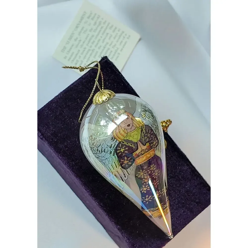 Li Bien Reverse Painted Glass Angel Ornament, Purple Velvet Box